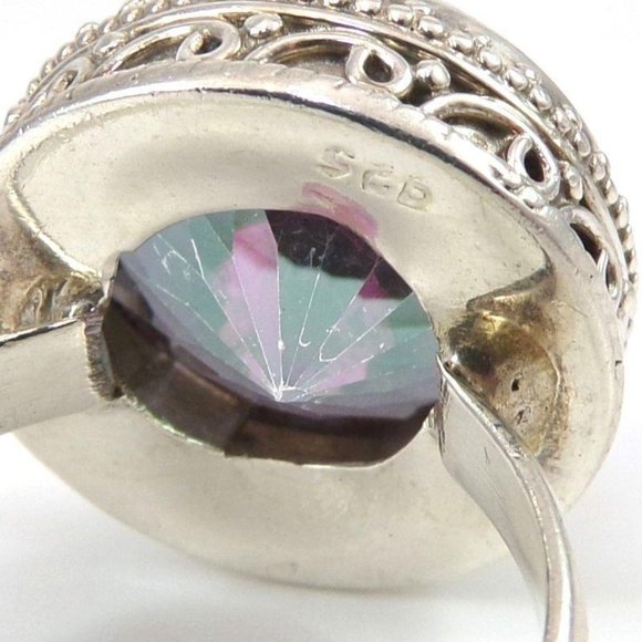 Sterling Silver Bezel Set Rainbow Quartz Filigree Large Ring Size 8.5 - Picture 5 of 6